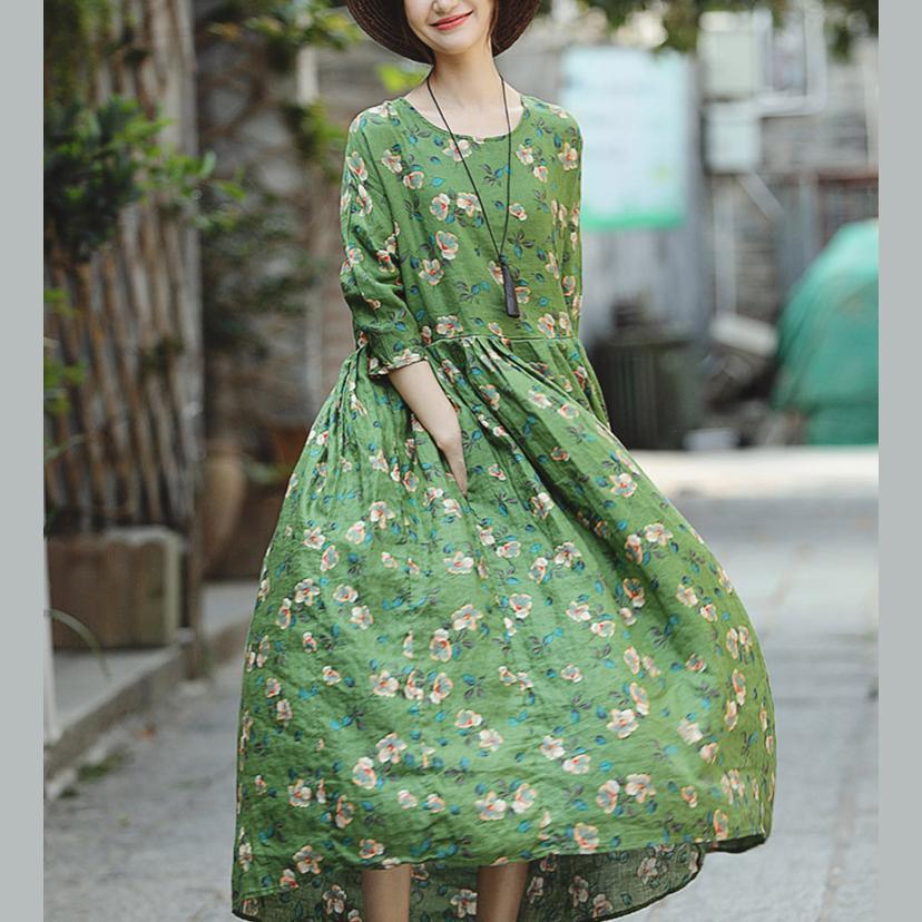 Loose o neck large hem linen clothes For Women Pakistani Runway green print cotton Dress summer - Omychic
