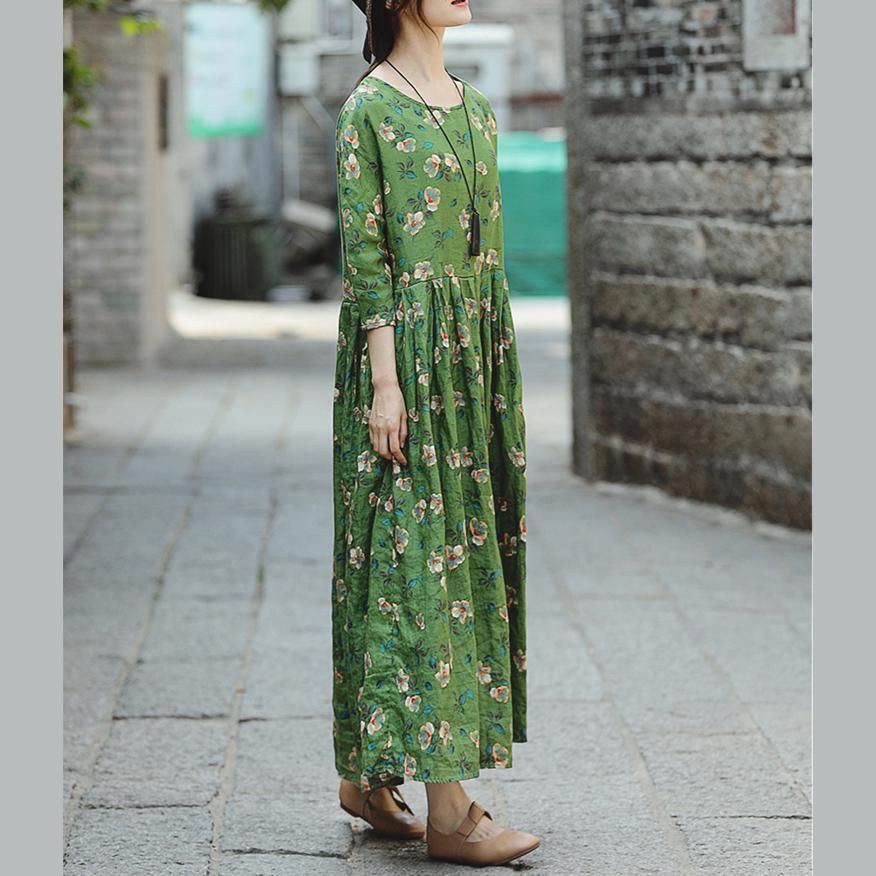 Loose o neck large hem linen clothes For Women Pakistani Runway green print cotton Dress summer - Omychic