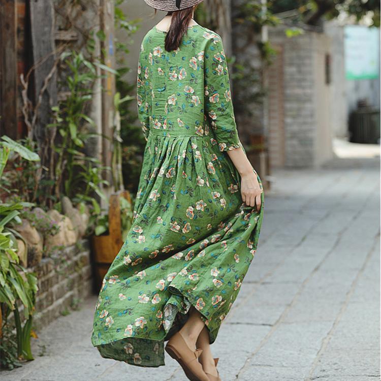 Loose o neck large hem linen clothes For Women Pakistani Runway green print cotton Dress summer - Omychic