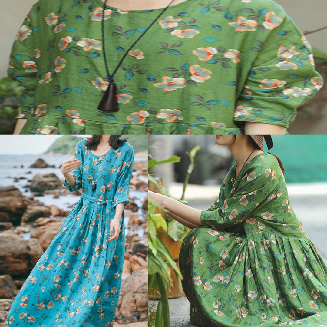 Loose o neck large hem linen clothes For Women Pakistani Runway green print cotton Dress summer - Omychic