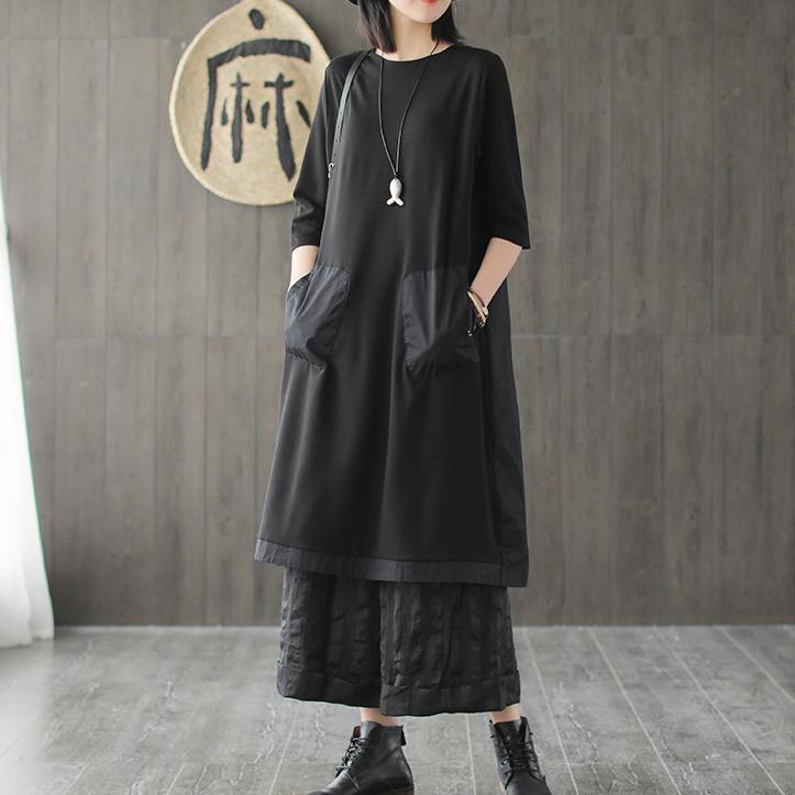 Loose o neck patchwork Cotton quilting clothes Sleeve black Dress summer - Omychic