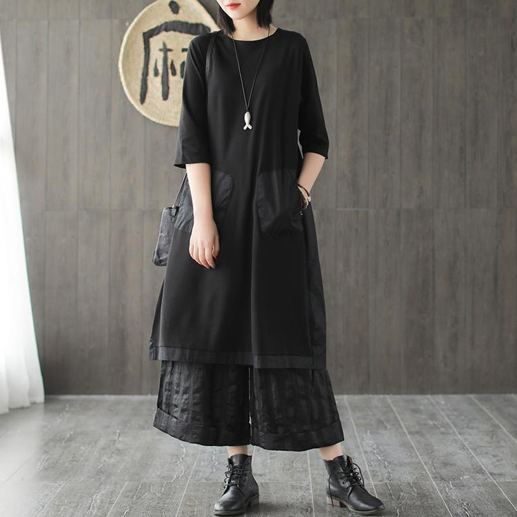 Loose o neck patchwork Cotton quilting clothes Sleeve black Dress summer - Omychic