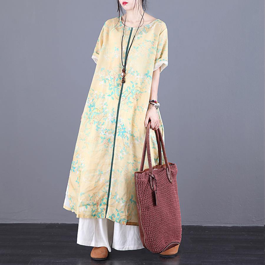 Loose o neck patchwork linen Wardrobes Online Shopping yellow print Dresses summer - Omychic
