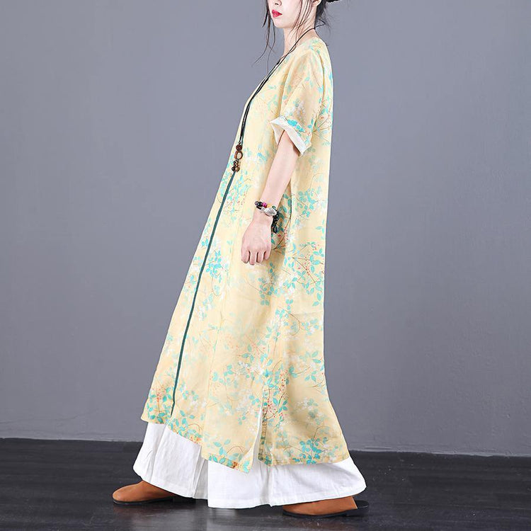 Loose o neck patchwork linen Wardrobes Online Shopping yellow print Dresses summer - Omychic