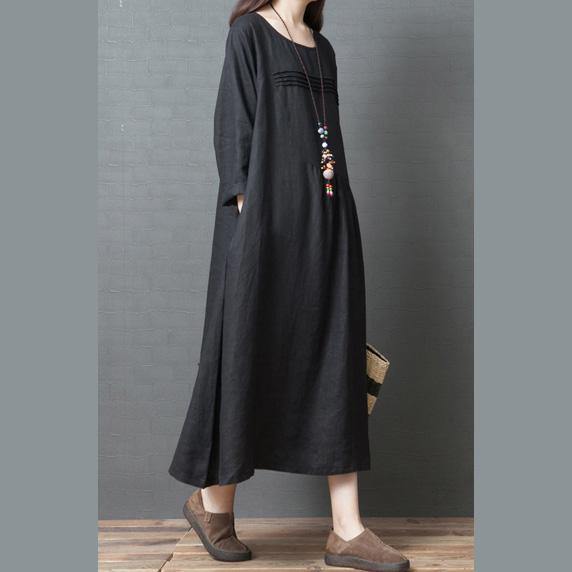 Loose o neck patchwork linen clothes For Women Pakistani design black Art Dresses - Omychic