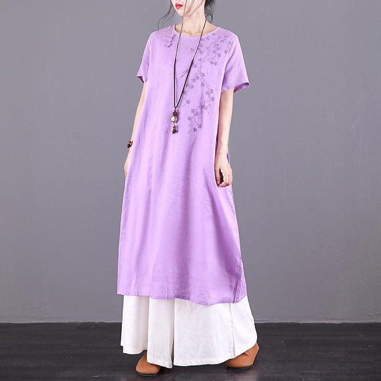 Loose o neck pockets linen dresses design purple embroidery Dresses summer - Omychic