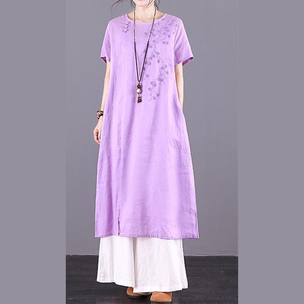 Loose o neck pockets linen dresses design purple embroidery Dresses summer - Omychic