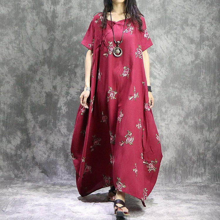 Loose o neck prints linen Robes stylish Work Outfits red loose Dress summer - Omychic