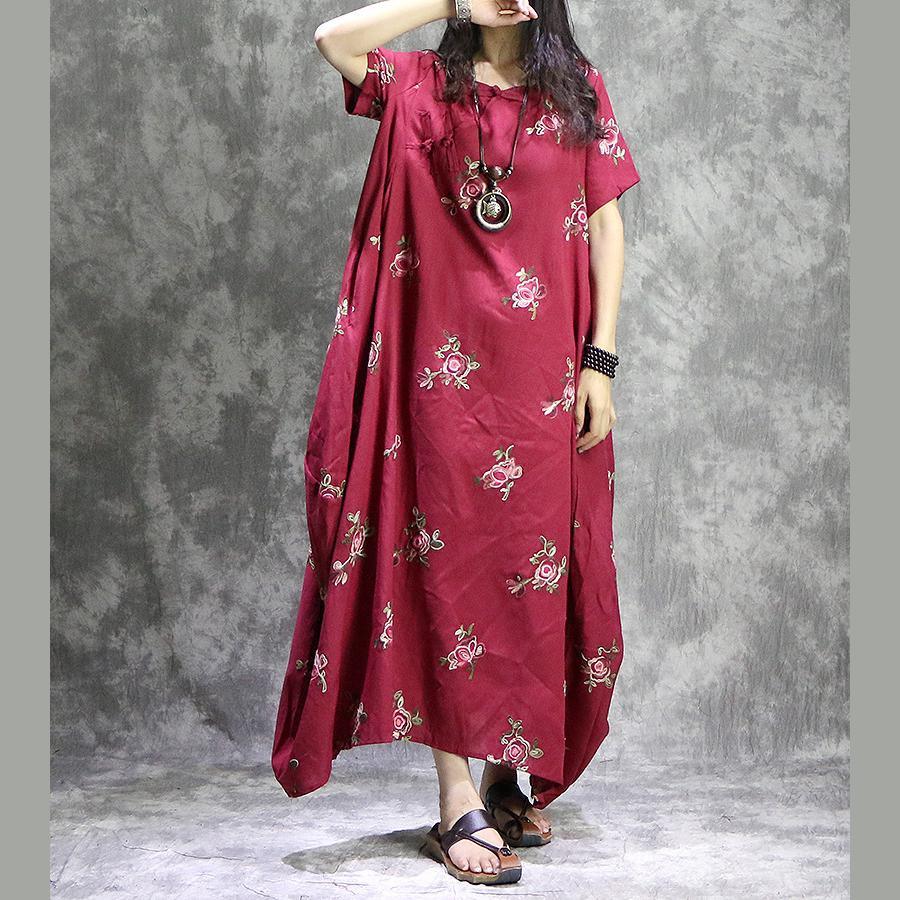 Loose o neck prints linen Robes stylish Work Outfits red loose Dress summer - Omychic