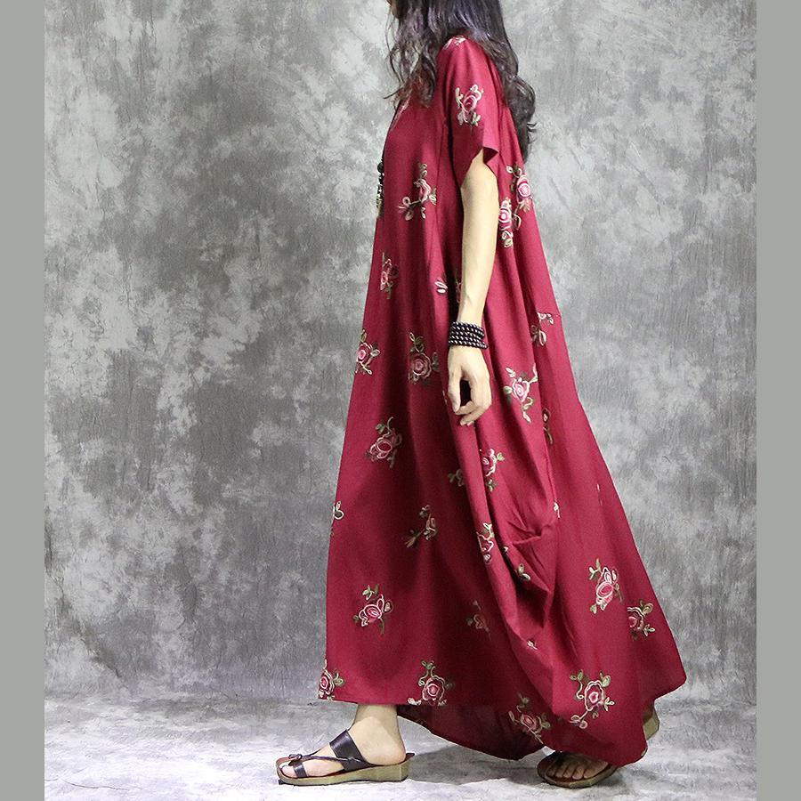 Loose o neck prints linen Robes stylish Work Outfits red loose Dress summer - Omychic