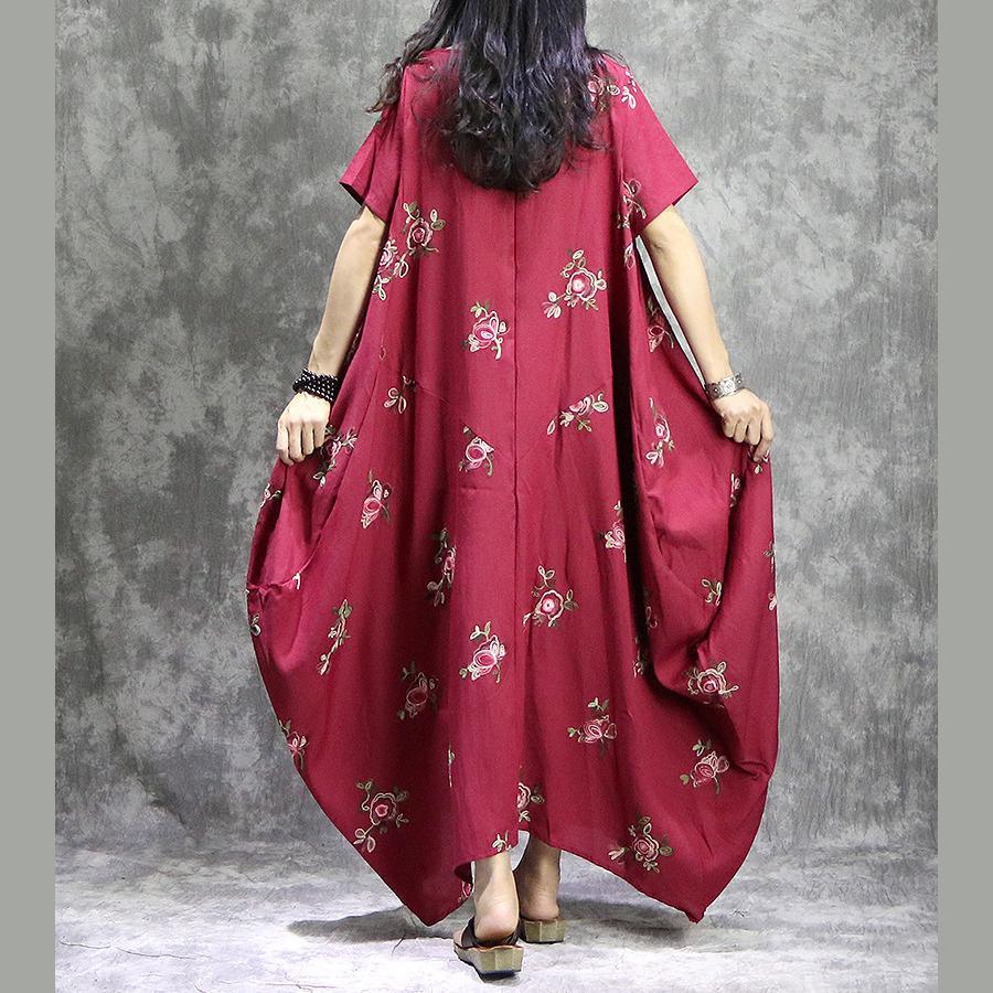 Loose o neck prints linen Robes stylish Work Outfits red loose Dress summer - Omychic