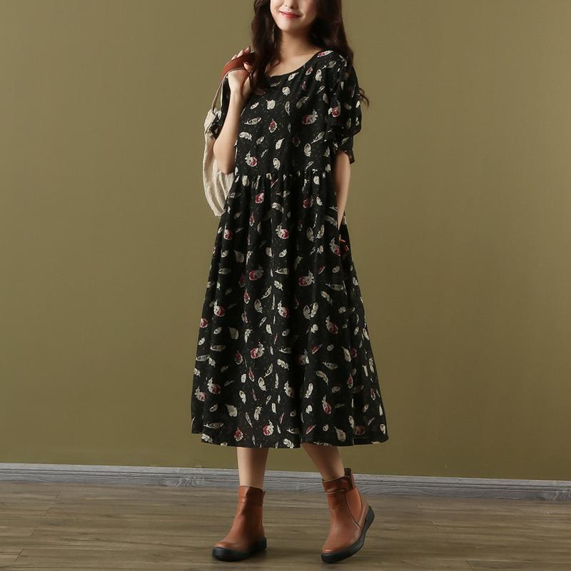 Loose o neck short sleeve chiffon dresses Vintage Wardrobes black print Maxi Dress Summer - Omychic