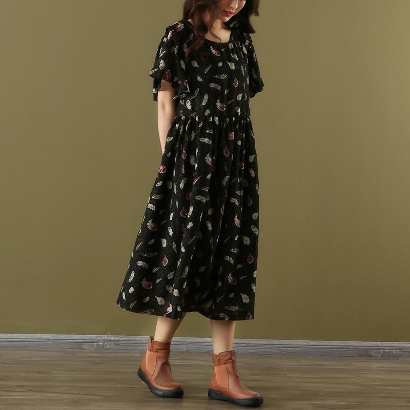 Loose o neck short sleeve chiffon dresses Vintage Wardrobes black print Maxi Dress Summer - Omychic