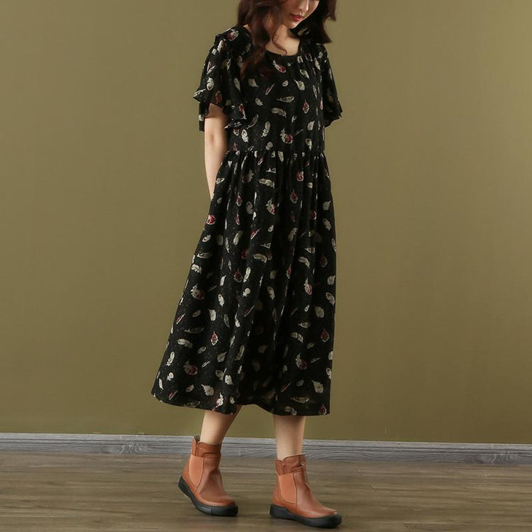 Loose o neck short sleeve chiffon dresses Vintage Wardrobes black print Maxi Dress Summer - Omychic