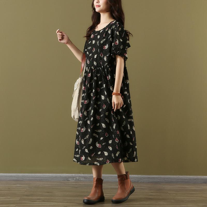 Loose o neck short sleeve chiffon dresses Vintage Wardrobes black print Maxi Dress Summer - Omychic