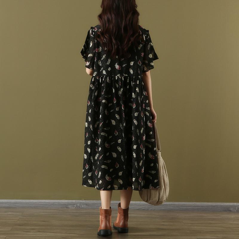 Loose o neck short sleeve chiffon dresses Vintage Wardrobes black print Maxi Dress Summer - Omychic