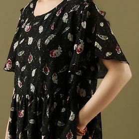 Loose o neck short sleeve chiffon dresses Vintage Wardrobes black print Maxi Dress Summer - Omychic