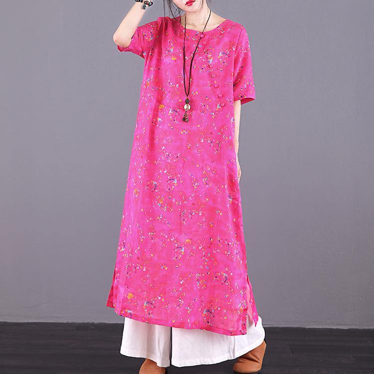 Loose o neck side open pockets linen clothes For Women Sewing red print Dresses summer - Omychic