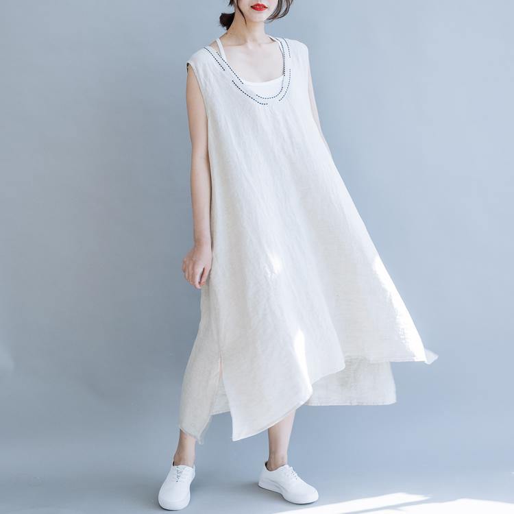 Loose O Neck Sleeveless Cotton Linen Robes Shape Nude Dresses Summer ( Limited Stock) - Omychic