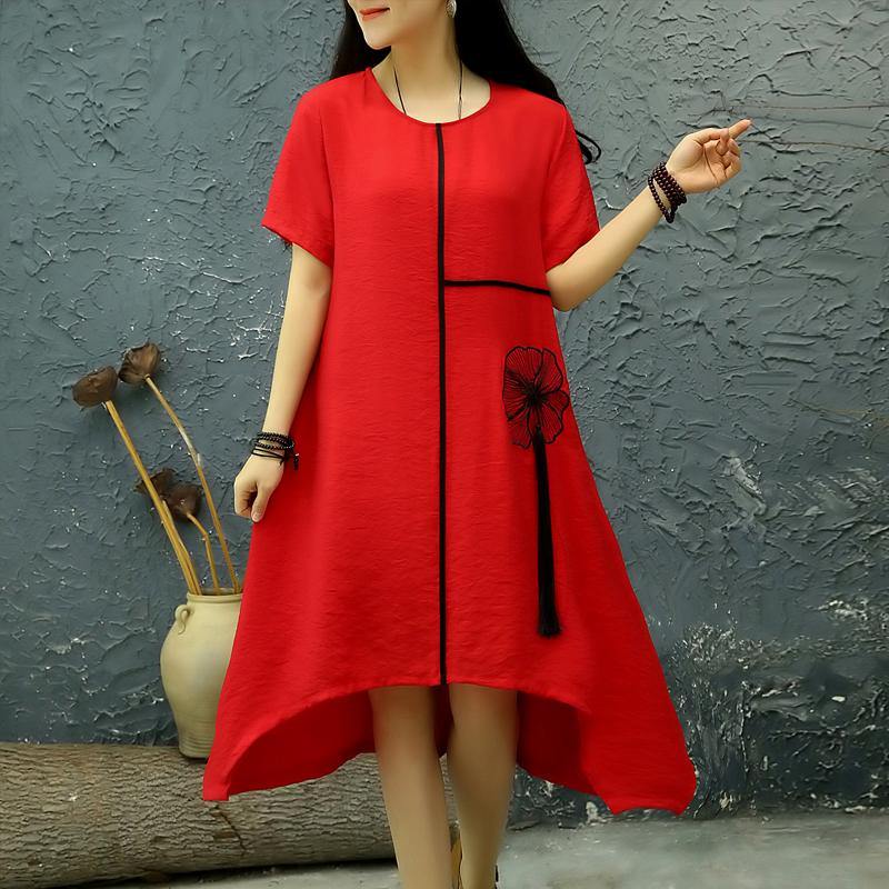 Loose o neck tassel linen dresses Outfits red embroidery Dresses summer - Omychic