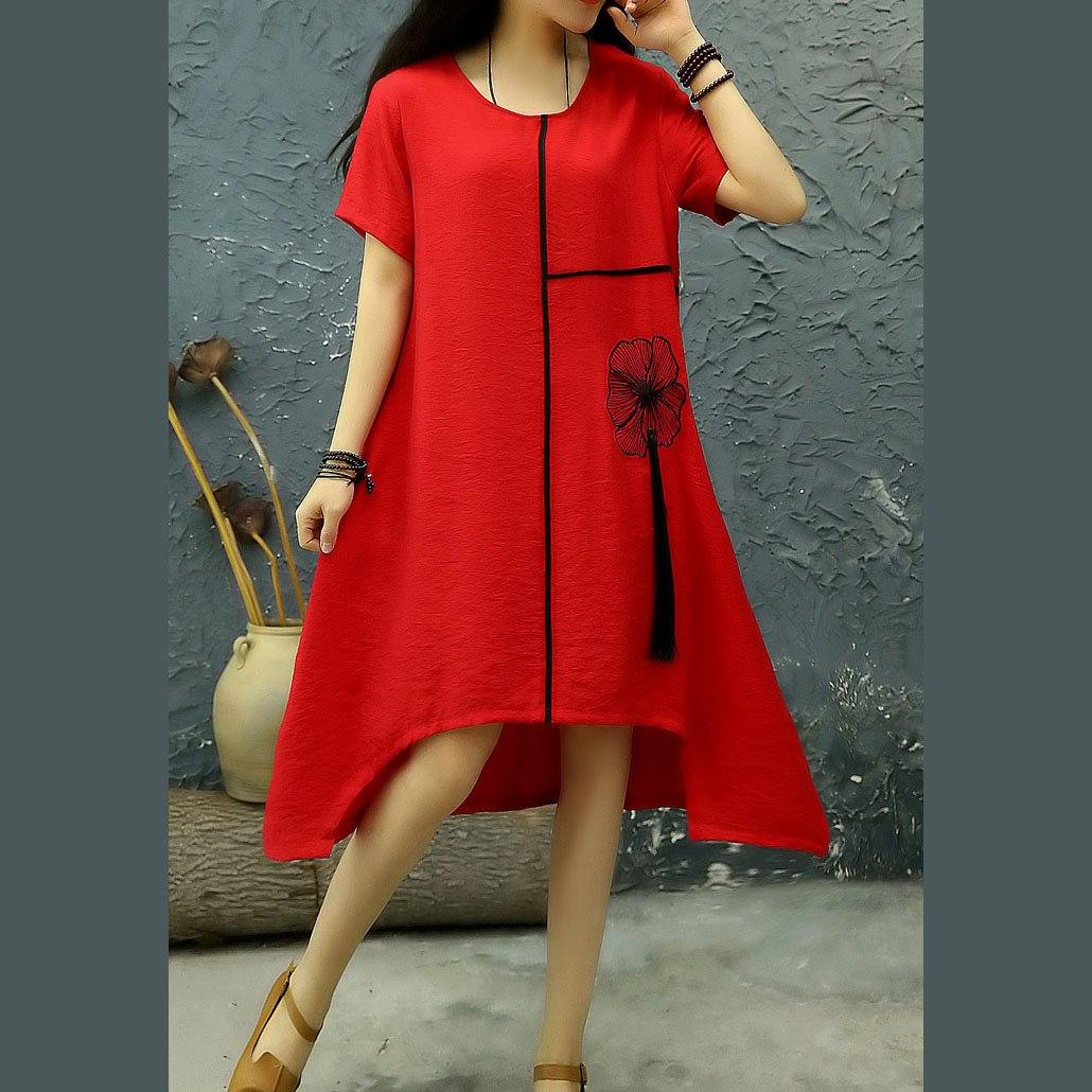 Loose o neck tassel linen dresses Outfits red embroidery Dresses summer - Omychic