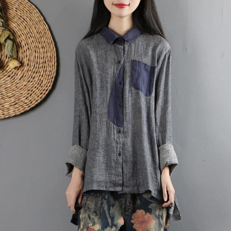 Loose patchwork cotton low high design Blouse Neckline gray blue blouses - Omychic