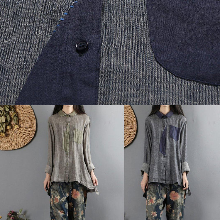 Loose patchwork cotton low high design Blouse Neckline gray blue blouses - Omychic