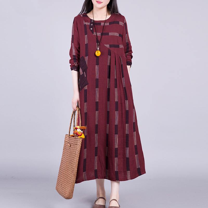 Loose patchwork linen Long Shirts Sewing burgundy Dresses autumn - Omychic