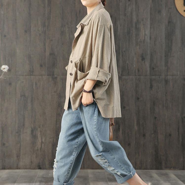 Loose Plaid Linen Outfit Sewing Khaki Coats Fall ( Limited Stock) - Omychic