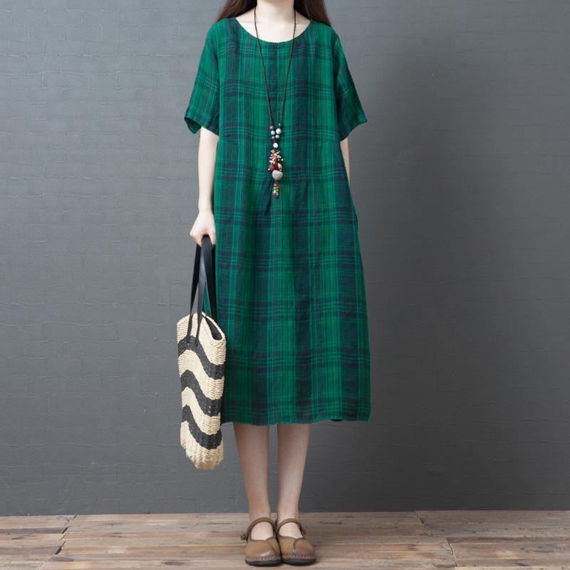 Loose pockets o neck linen cotton Tunics Fashion Ideas green Plaid Dress summer - Omychic