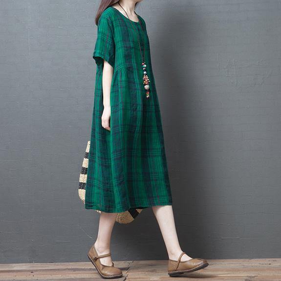 Loose pockets o neck linen cotton Tunics Fashion Ideas green Plaid Dress summer - Omychic