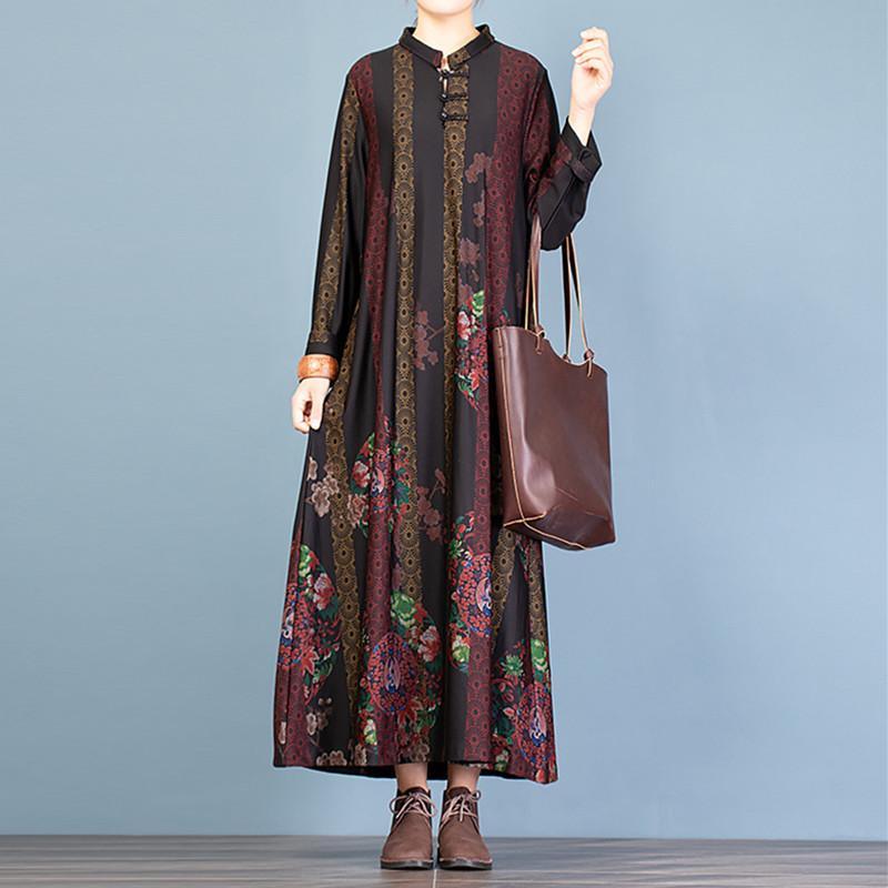 Loose prints cotton fall Tunics Work black long Dress - Omychic