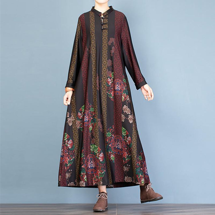 Loose prints cotton fall Tunics Work black long Dress - Omychic