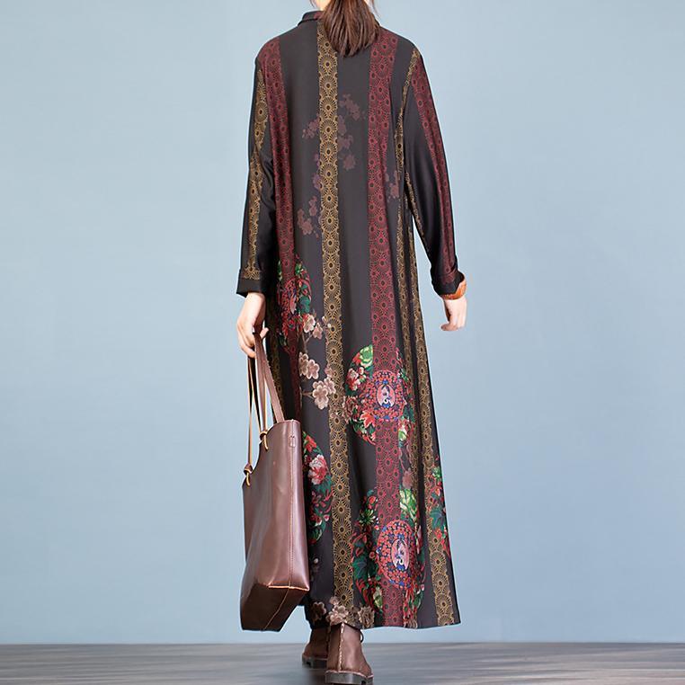 Loose prints cotton fall Tunics Work black long Dress - Omychic