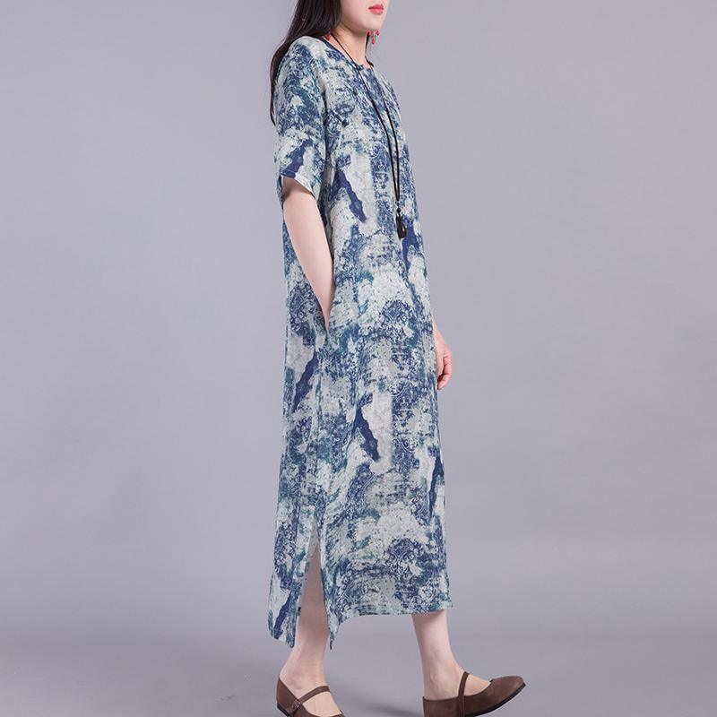 Loose prints linen Robes Fashion Ideas blue side open Dress summer - Omychic