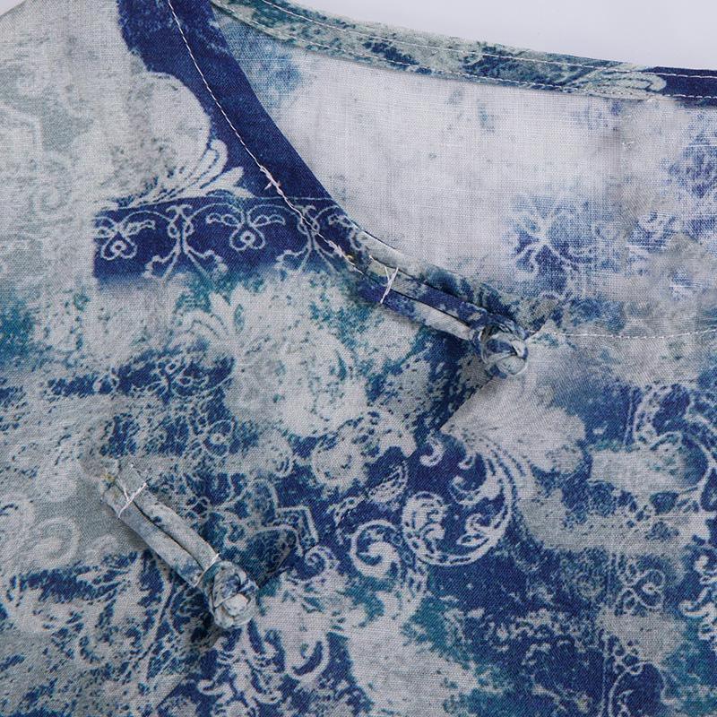 Loose prints linen Robes Fashion Ideas blue side open Dress summer - Omychic