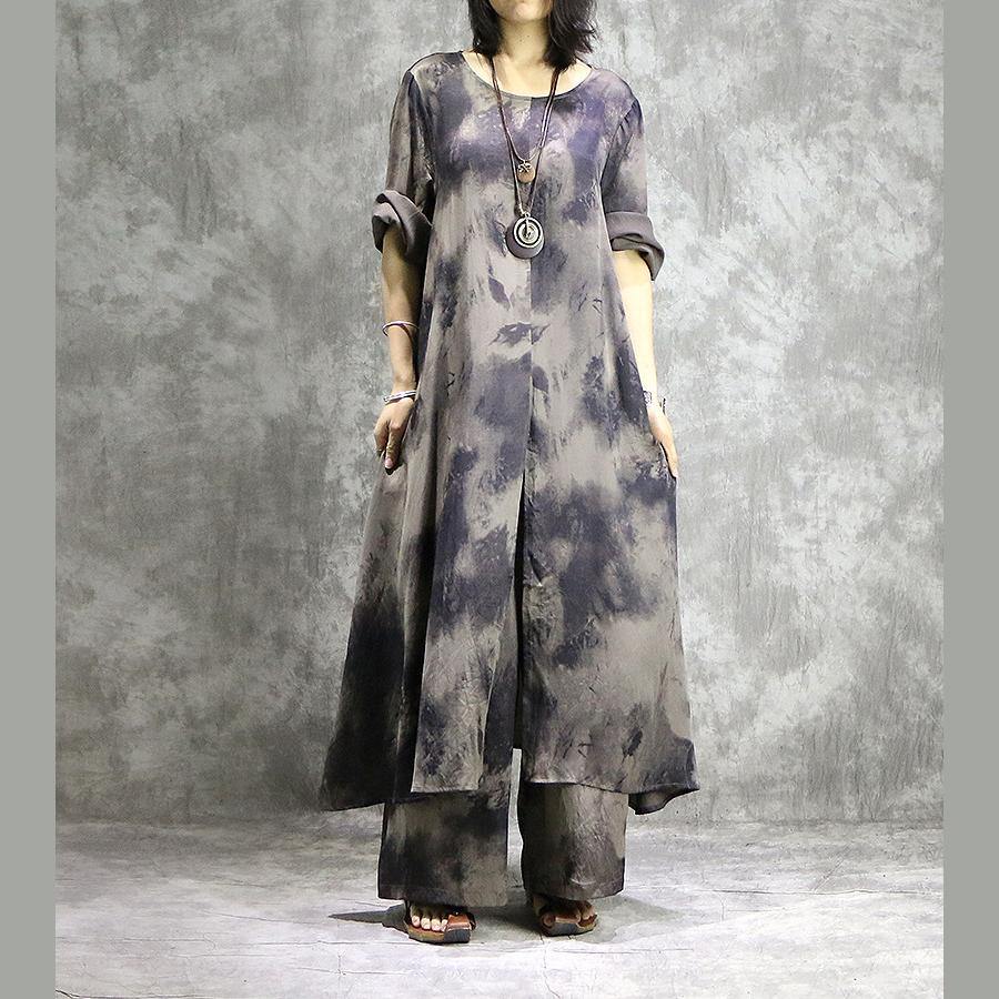 Loose prints silk dresses Organic Shape gray two pieces long Dresses summer - Omychic