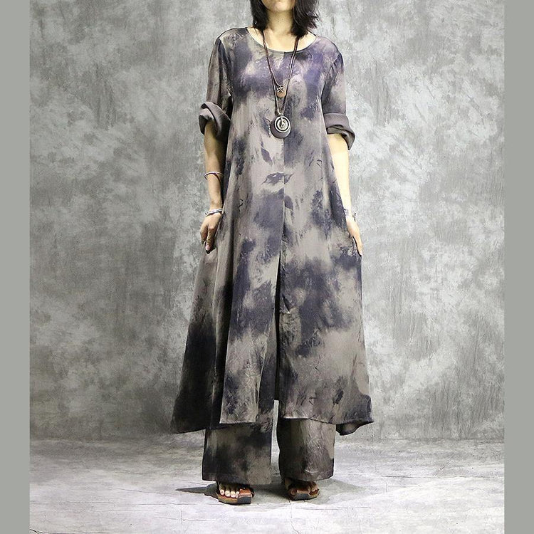 Loose prints silk dresses Organic Shape gray two pieces long Dresses summer - Omychic