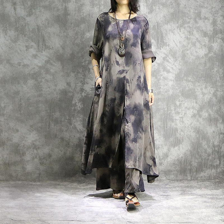Loose prints silk dresses Organic Shape gray two pieces long Dresses summer - Omychic