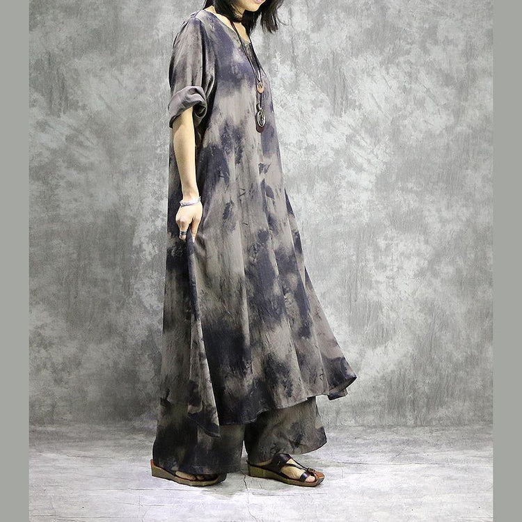 Loose prints silk dresses Organic Shape gray two pieces long Dresses summer - Omychic