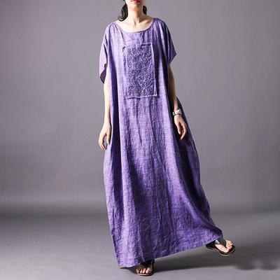 Loose purple Vintage Ramie Large Size Batwing Sleeve Dress - Omychic