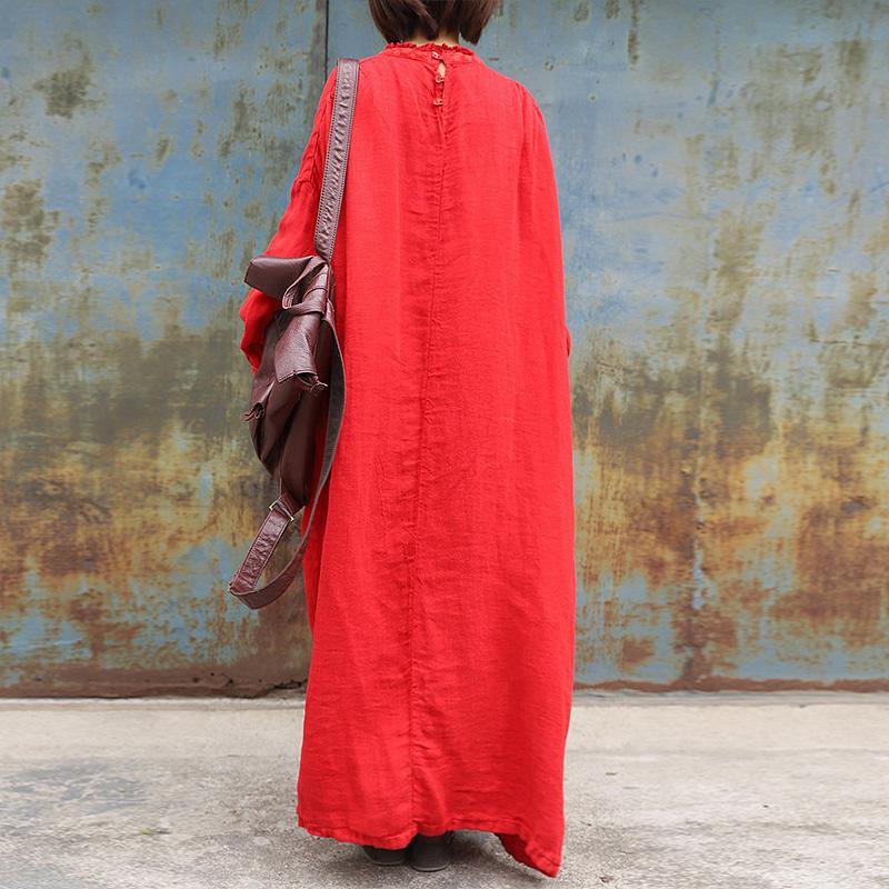 Loose red cotton tunic dress o neck Plus Size Clothing spring Dresses - Omychic