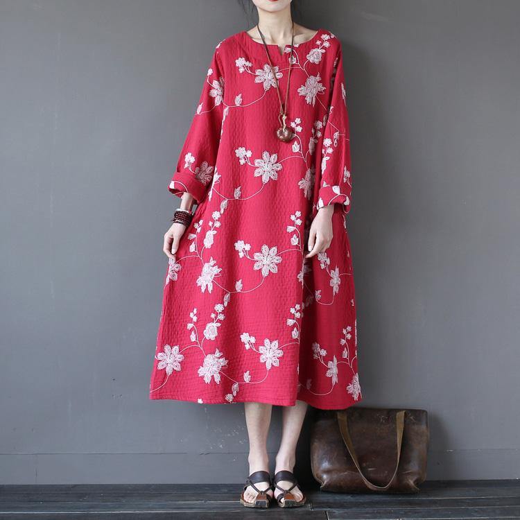 Loose red embroidery cotton linen clothes Fabrics Art pockets Dresses - Omychic