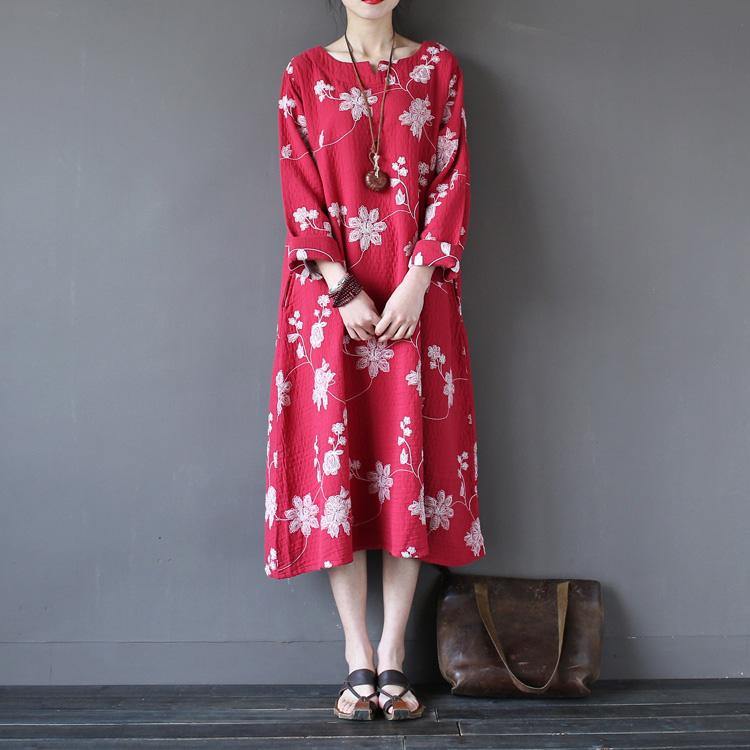 Loose red embroidery cotton linen clothes Fabrics Art pockets Dresses - Omychic