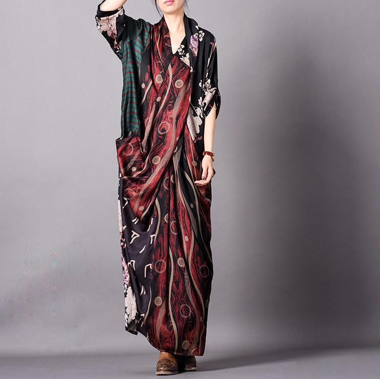 Loose red print silk dresses Indian Catwalk v neck pockets Robe spring Dresses - Omychic