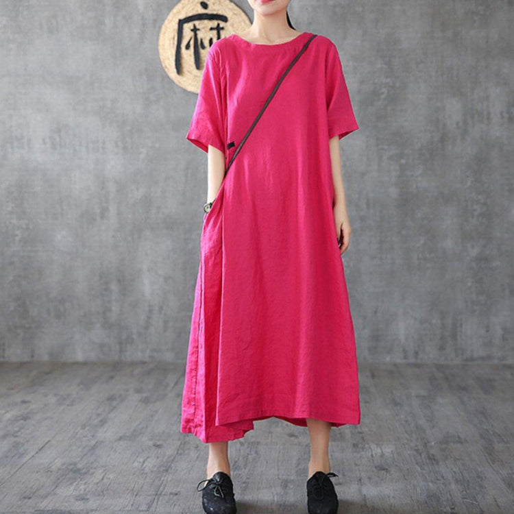 Loose rose linen Long Shirts short sleeve pockets Robe Dresses - Omychic
