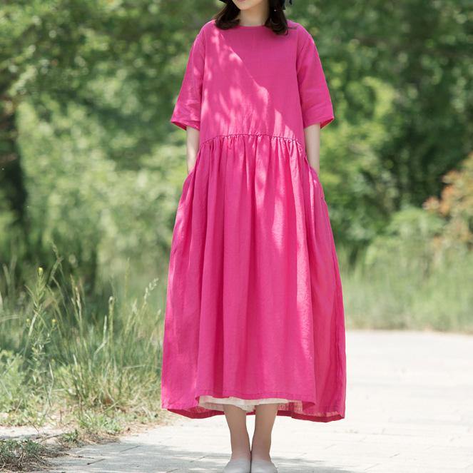 Loose rose sleeve linen outfit Runway orange Dresses summer - Omychic