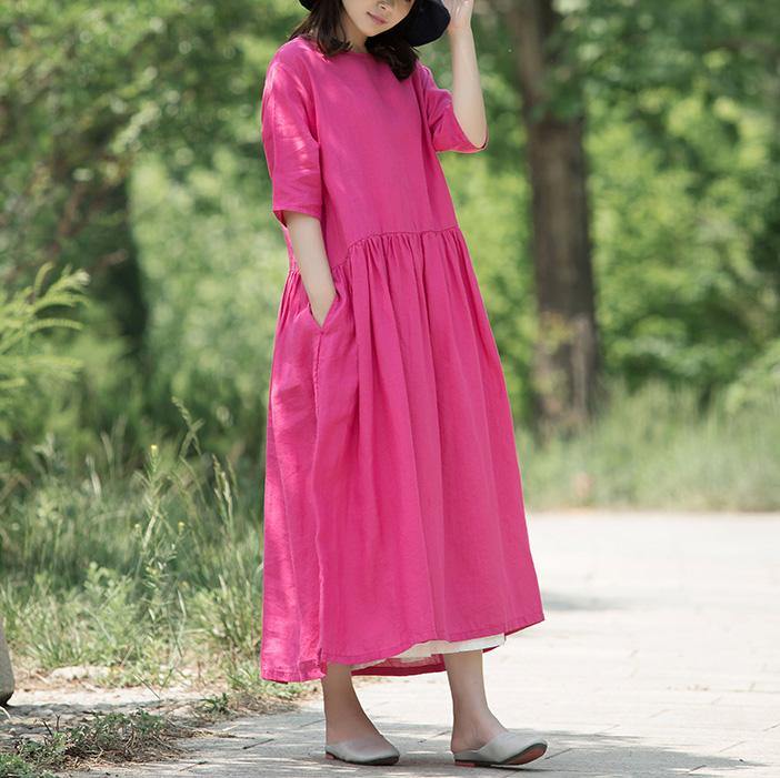 Loose rose sleeve linen outfit Runway orange Dresses summer - Omychic