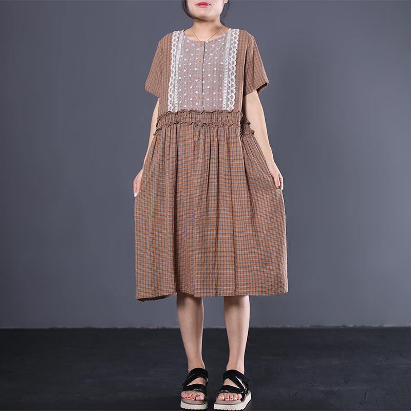 Loose ruffles cotton dresses Fashion Ideas khaki plaid Maxi Dresses summer - Omychic