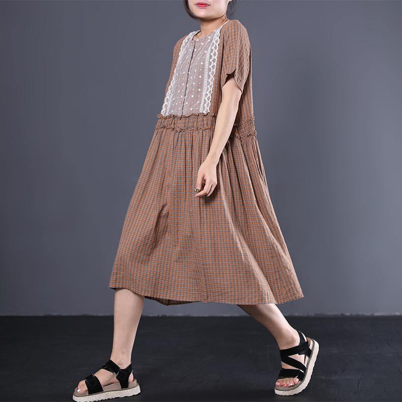 Loose ruffles cotton dresses Fashion Ideas khaki plaid Maxi Dresses summer - Omychic